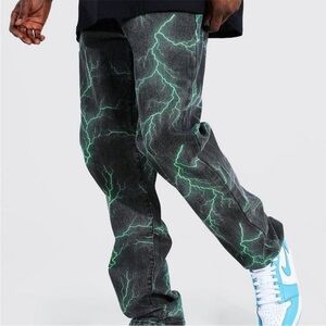 Boohoo Man jeans green lightning print jeans relaxed fit